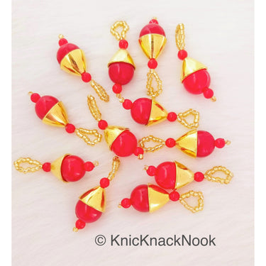 Red Bead Tassels Latkan, Indian Antique Distressed Latkans, Gold Beaded Danglers